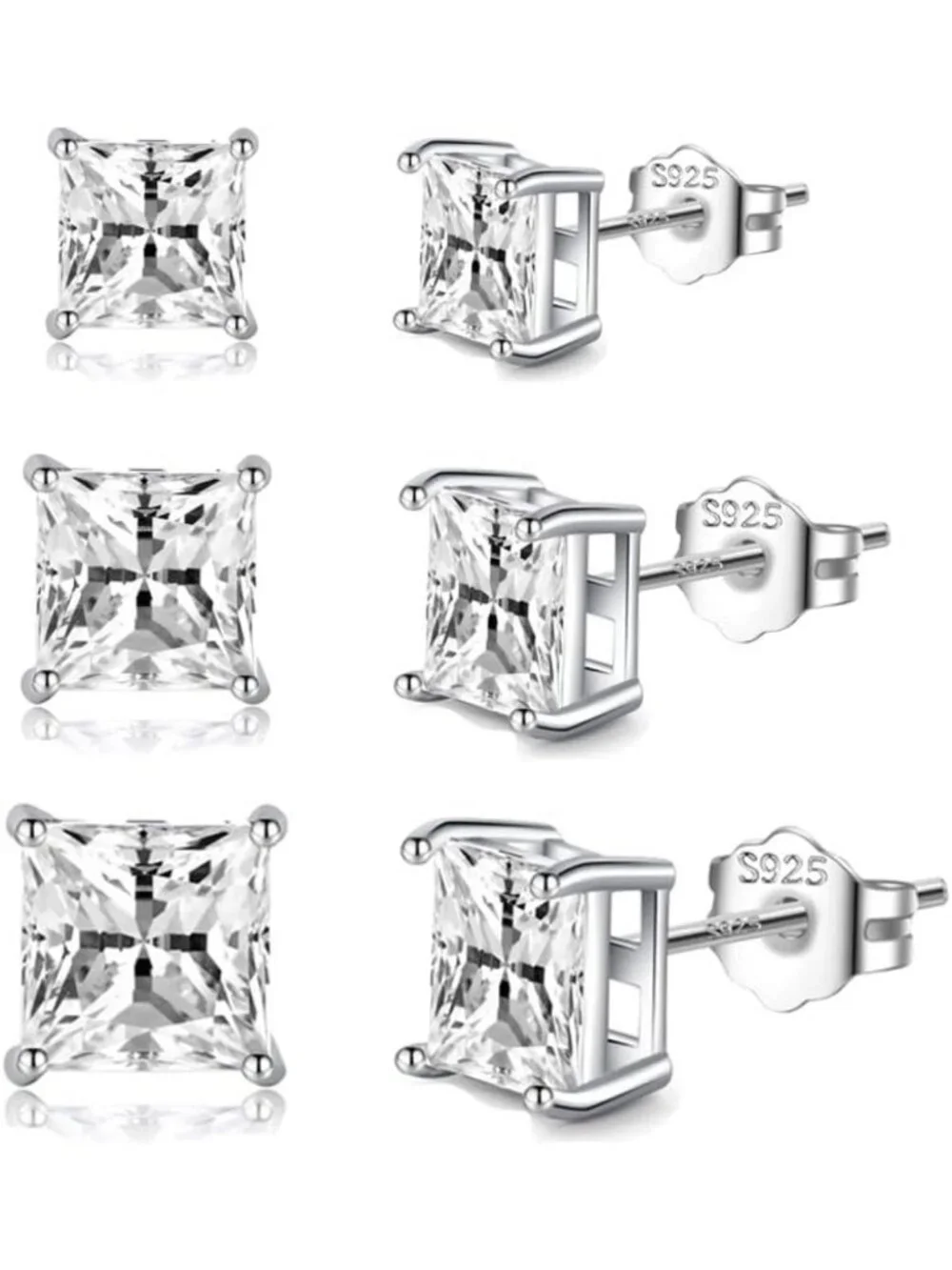 925 Sterling Silver CZ Square Stud Earrings for Women & Teens - 3 Pairs